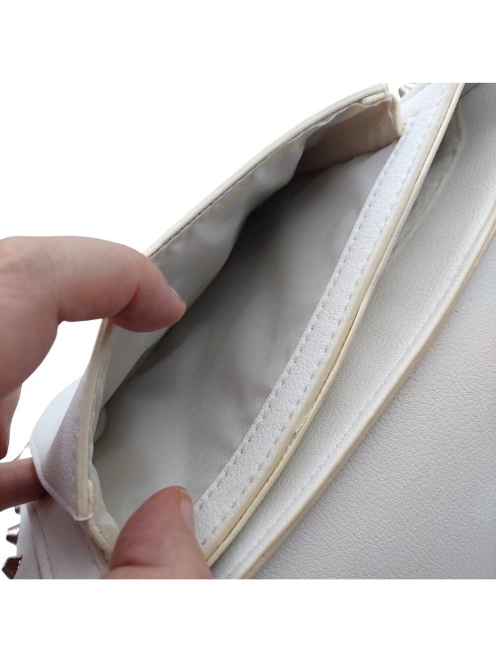 Messenger Crossbody Bag Faux Leather White Silver Tone Studded Adjustable Strap - Picture 7 of 10